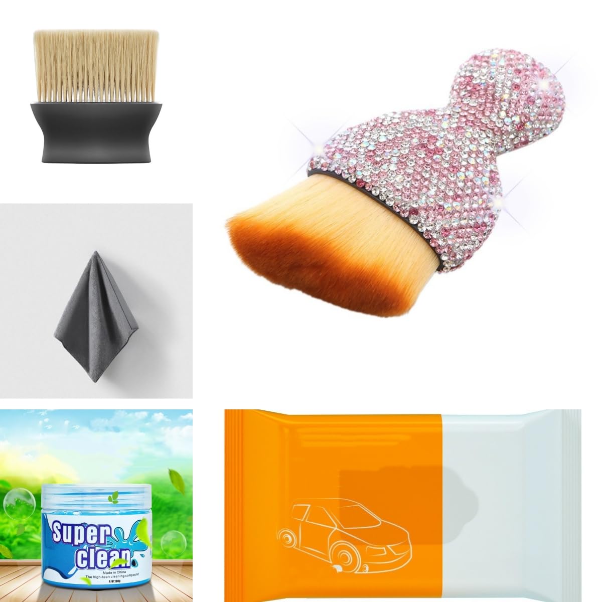 WODOFULHYWODOFULHY Car Interior Cleaning Tool Package, Car Beauty Brush, Instrument Panel Air Outlet Leather Soft Hair Slit dust Brush Car Towel, Cleaning Glue (5 Sets) (Pink White Diamond)