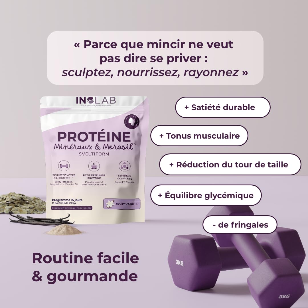 INOLAB Protéine Minceur 360 | Pure Whey Isolate + Morosil + Magnésium B6 + Chrome +Acérola | Musculation + perte de poids + Énergie | 15 encas vanille gourmand