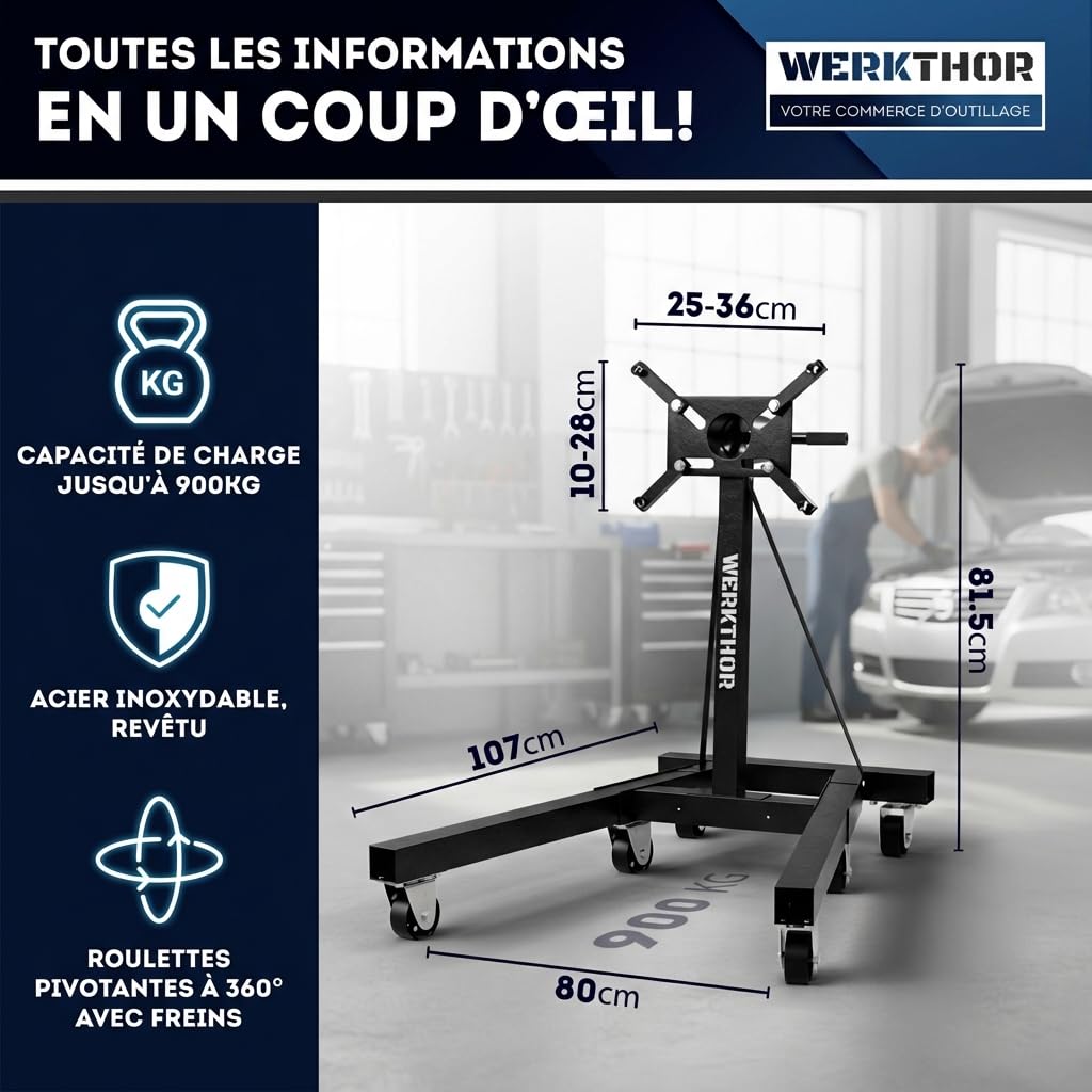 WERKTHOR Support Moteur Atelier 900kg | Support Moteur Rotatif 360° Extra Lourd | Support Moteur Professionnel Acier pour V8 Diesel Utilitaire