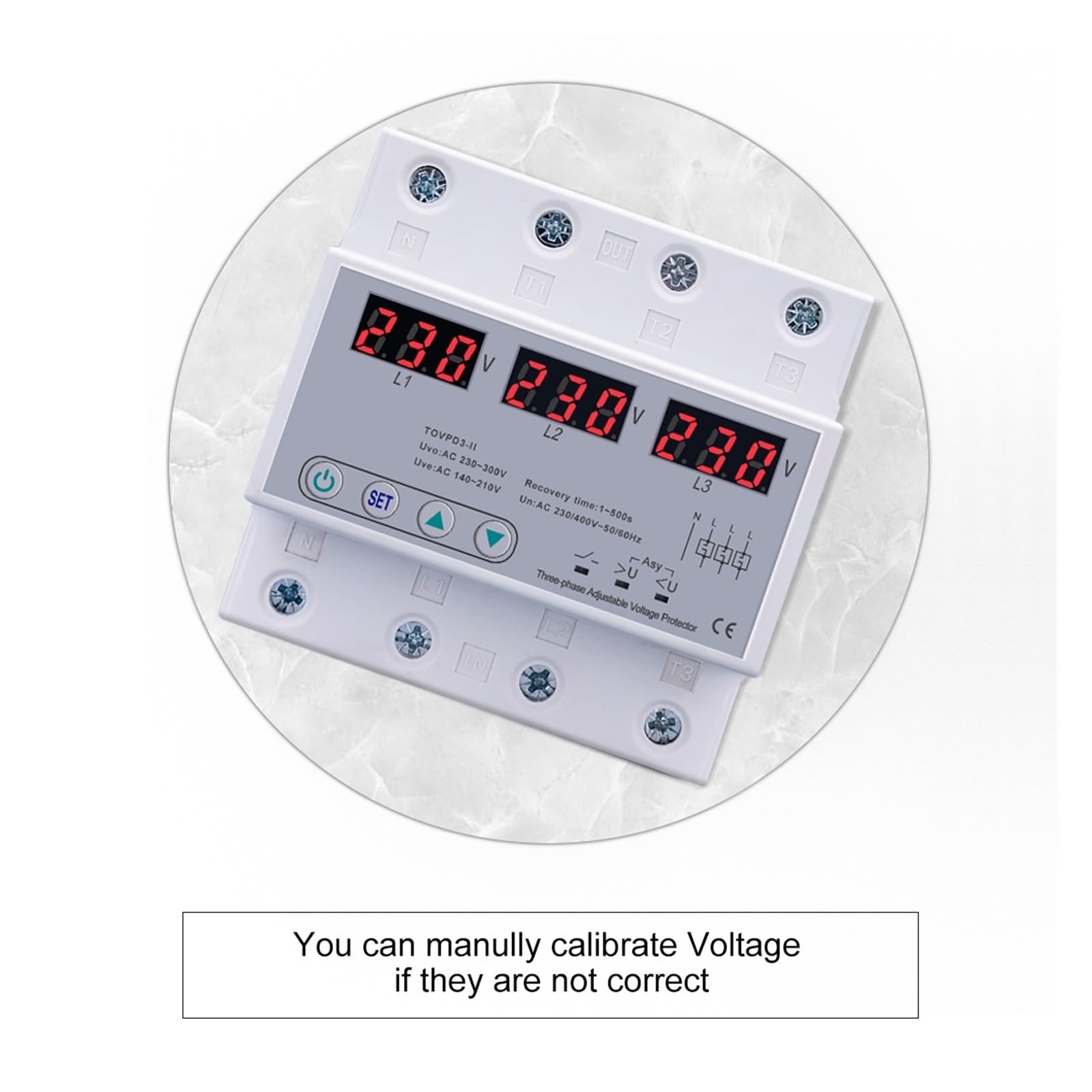 RWRAPS Protector de Voltaje Voltímetro trifásico Ajustable Protector de sobrevoltaje y bajo Voltaje Dispositivo de protección de recuperación automática trifásico reinicio 63A 380V