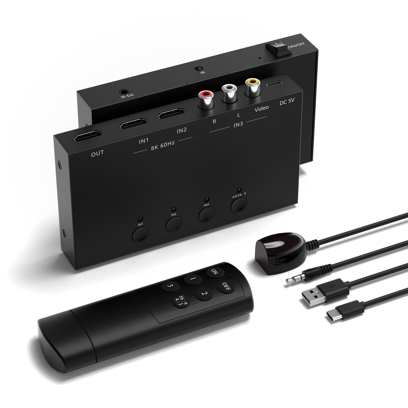 Commutatore RCA/HDMI 8K 60Hz 3x1, adattatore HDMI 2.0 a 2 vie + 1 convertitore da RCA a HDMI, rapporto schermo 4:3/16:9, supporto 3D per PS1/2/3/4/5, N64, SNES, Switch, DVD, Roku, Fire Stick