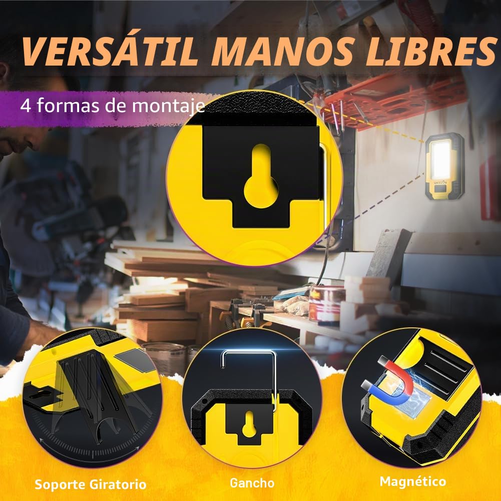 WARSUN Pack de 2 LED Linterna Taller Recargable Portátil Linterna de Trabajo con Base Magnética y Gancho 30 W 1200 lúmenes Súper Brillante para Reparación(Amarillo)