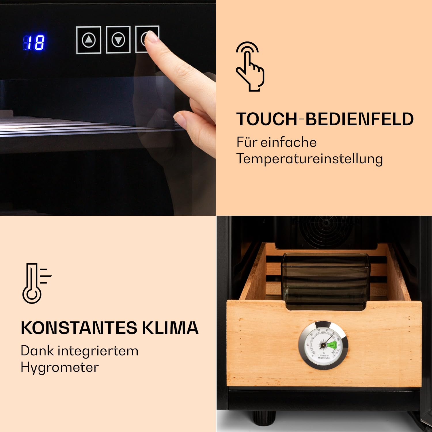 Klarstein El Presidente Zigarren-Humidor - thermoelektrisch, Glastür, freistehend, Einschübe und Schublade aus Zedernholz, Hygrometer, LED-Innenbeleuchtung, 23 Liter, schwarz