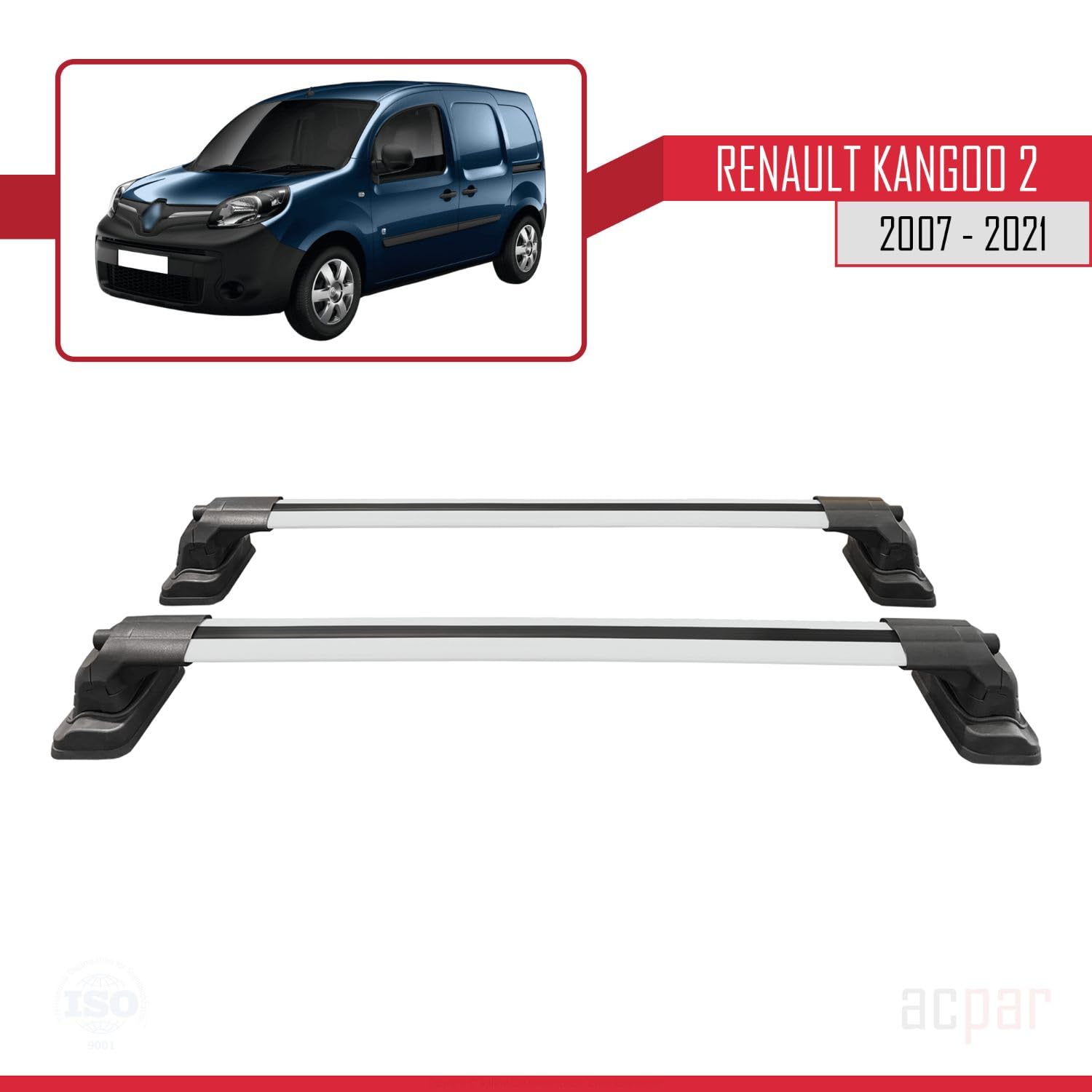 Compatible con Renault Kangoo 2 (X61) 2007-2021 Modelo Ace-3 Barra de Techo Auto Portaequipajes Barras Transversales Gris Aluminio 2 Barras