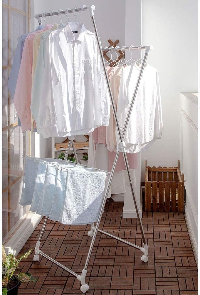 Drying Rack Floor Folding Household Drying by Double Pole Bracket Balcony Stainless Steel Clothes Rack Clothes Airer Drying Rack (Color : Silver Size : 183.5x70x61cm)