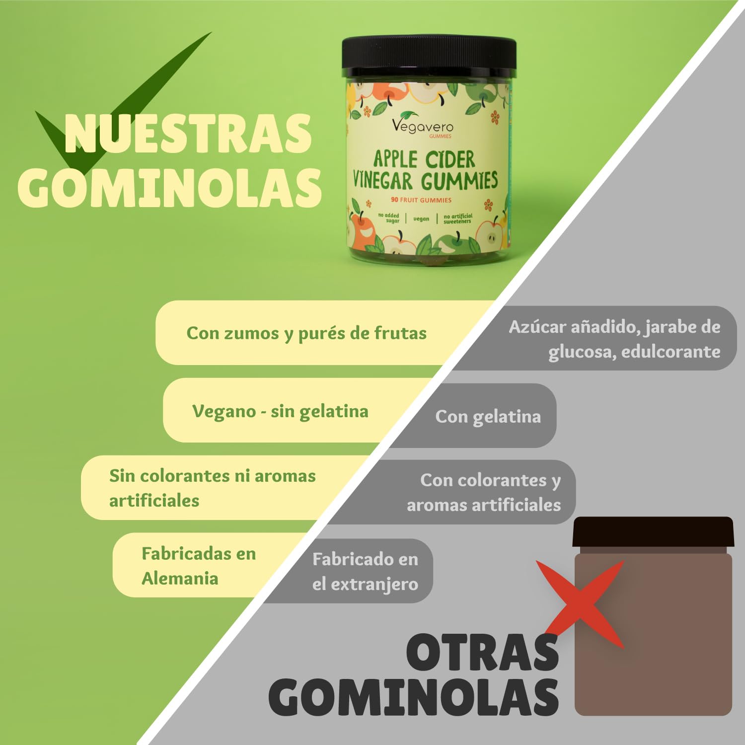 Vegavero Gominolas Vinagre de Sidra de Manzana 450mg Keto ACV Gummies Sin Azúcar Vegano