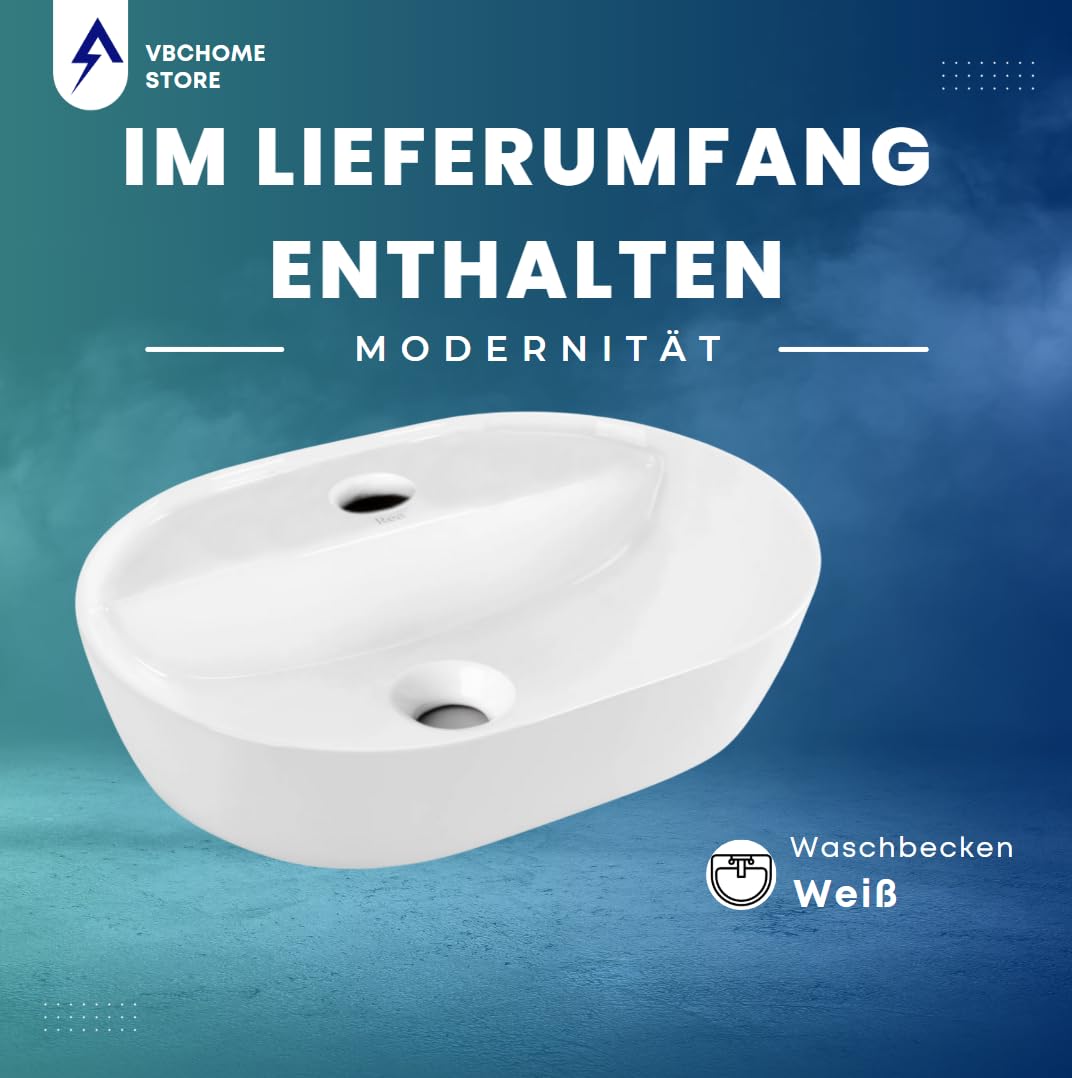 VBChome Lavabo 42 x 30 cm en céramique blanche ovale avec trou pour robinet, lavabo de pose, lavabo de salle de bain en céramique