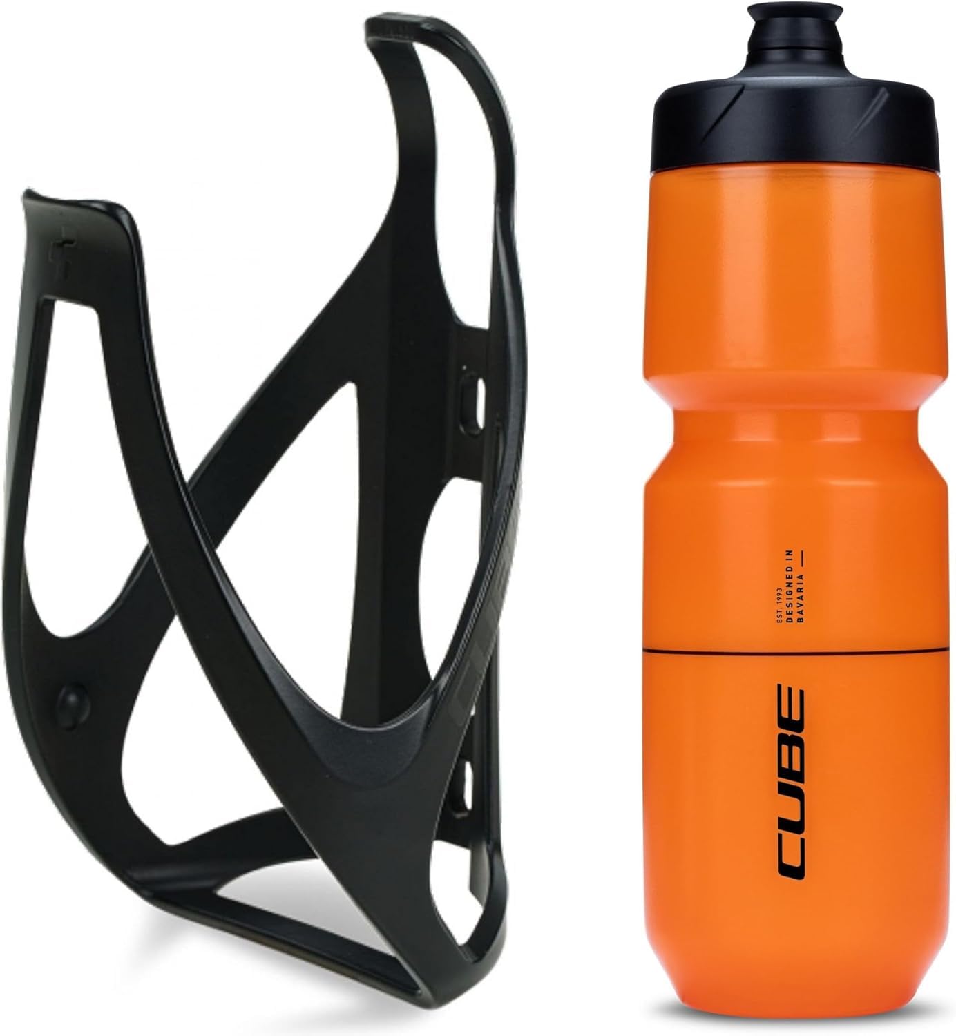 Cube HPP Cage - Matt Black & Flow Bottle - Orange, 750ml / Water Drink Flask Vessel Bidon Holder Mount Bracket Kit Lightweight Plastic Drinking Hydration Biking Bike Riding Frame Accessories