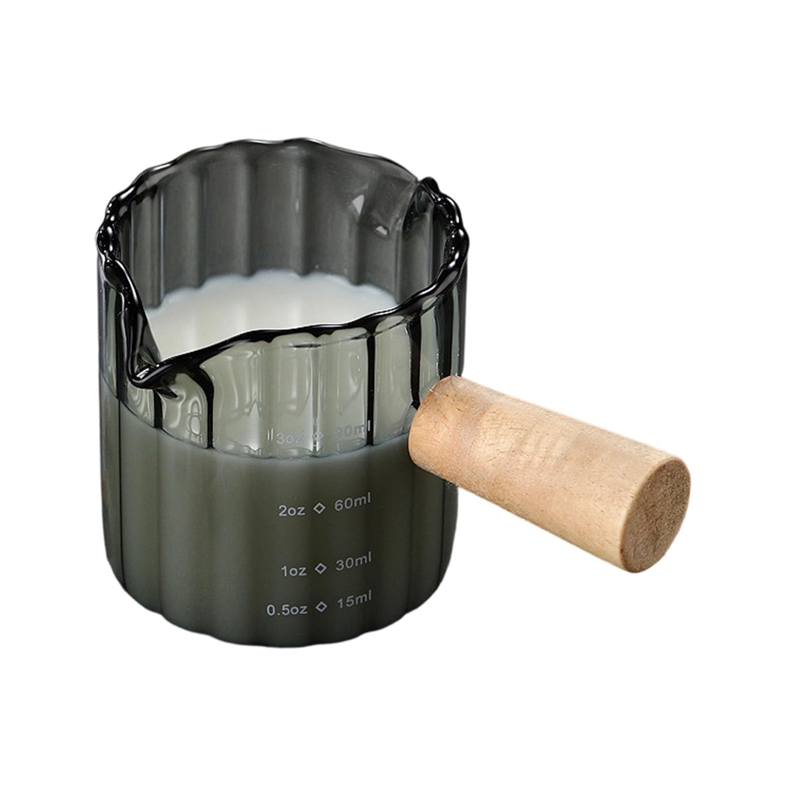Tsophreniq Professional Milk Frothing Pitcher Coffee Measuring Cup with Duals Spouts and Comfortable Wood Handle Glass Coffee Creamer