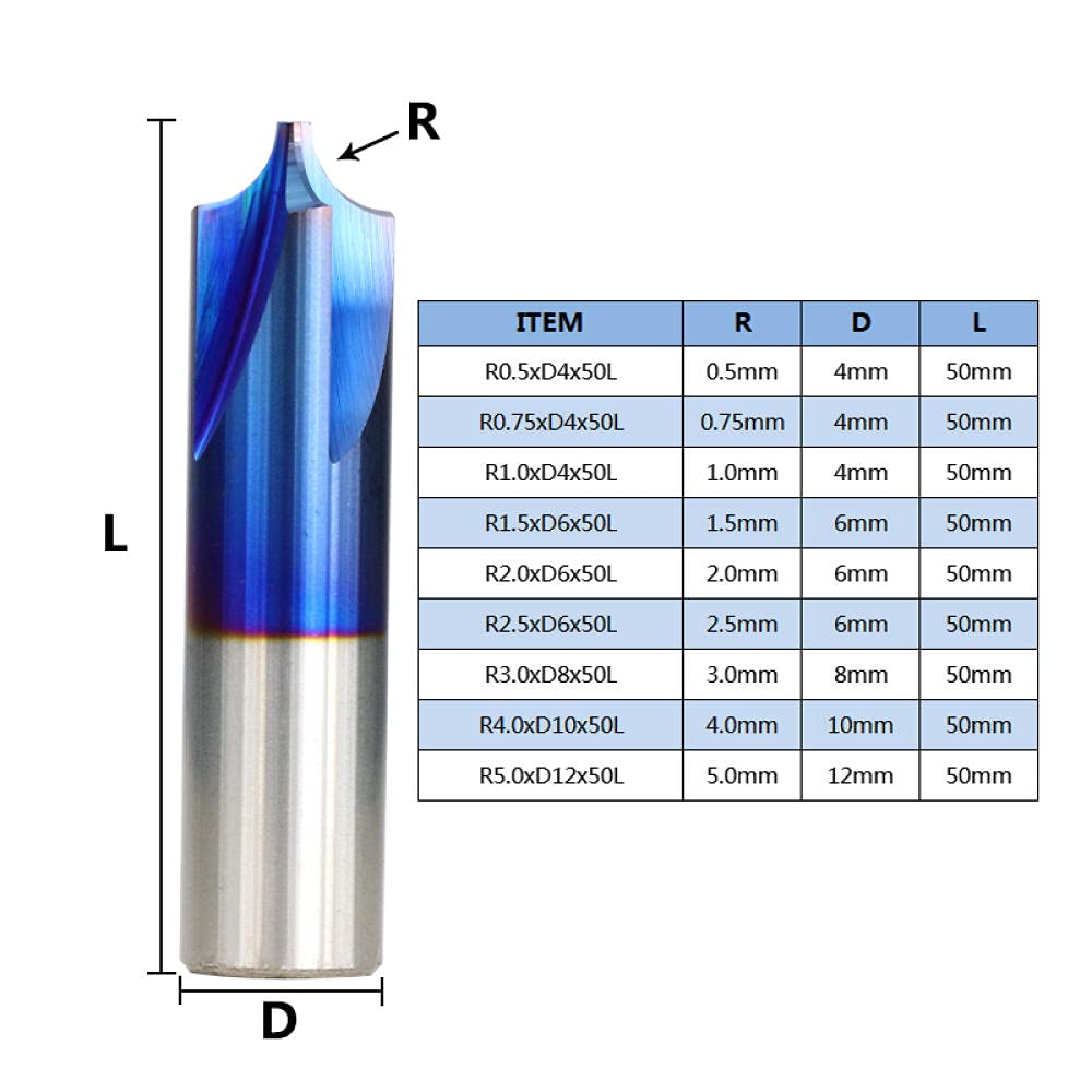 Coupe de fraisage de carbure d'extrémité 1PC R0.5-R5.0 Nano Blue Coin recouvert d'arrondi Radius Radius Routeur de routeur pour machine CNC-R5xd12x50l