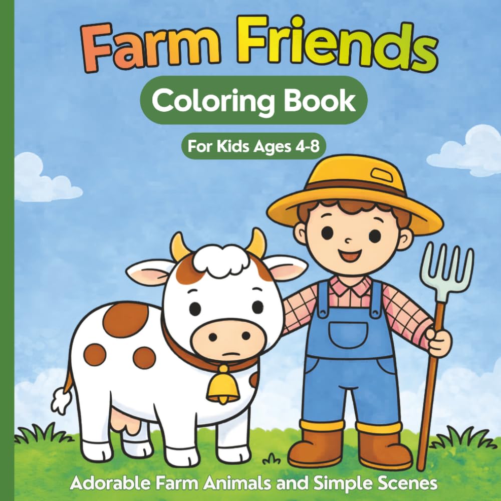 Farm Friends Coloring Book for Kids Ages 4-8: Cute Farm Animals and Simple Scenes for Toddlers and Young Children