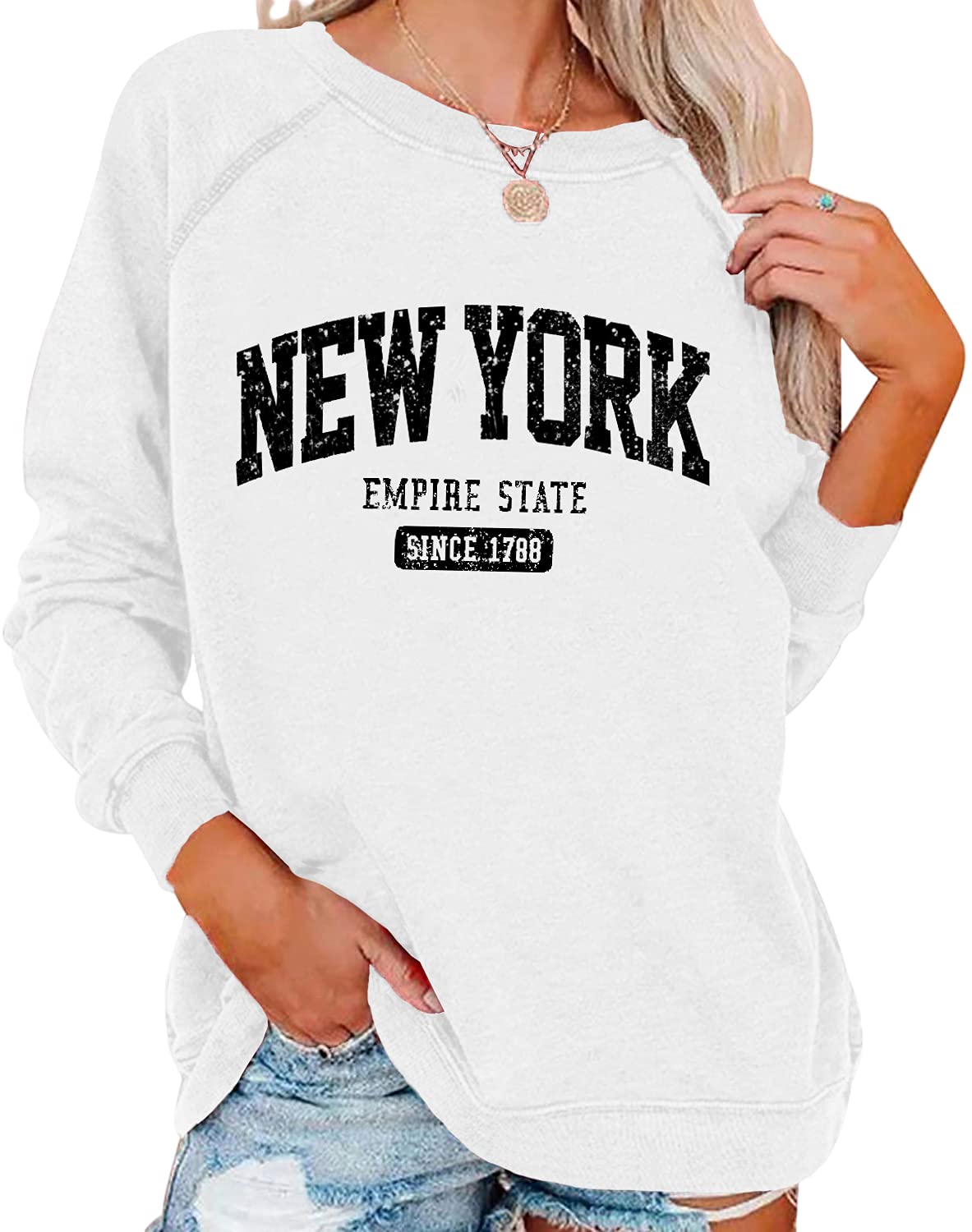 Vdnerjg Women's New York Letter Print Sweatshirt Crewneck Long Sleeve Casual Loose Fit Pullover Shirt