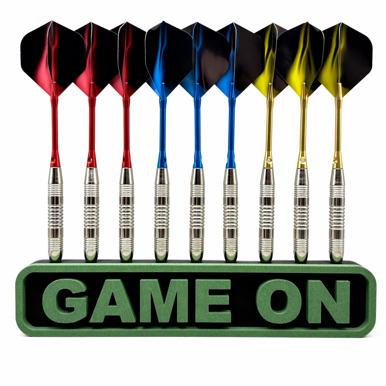 Manio 3DP Dart Holder for 9 Darts “Game ON” – Wall Mounted or Freestanding Dart Stand, 3D Printed PLA CF, Matte Finish – Screws & Wall Plugs Included (Green)