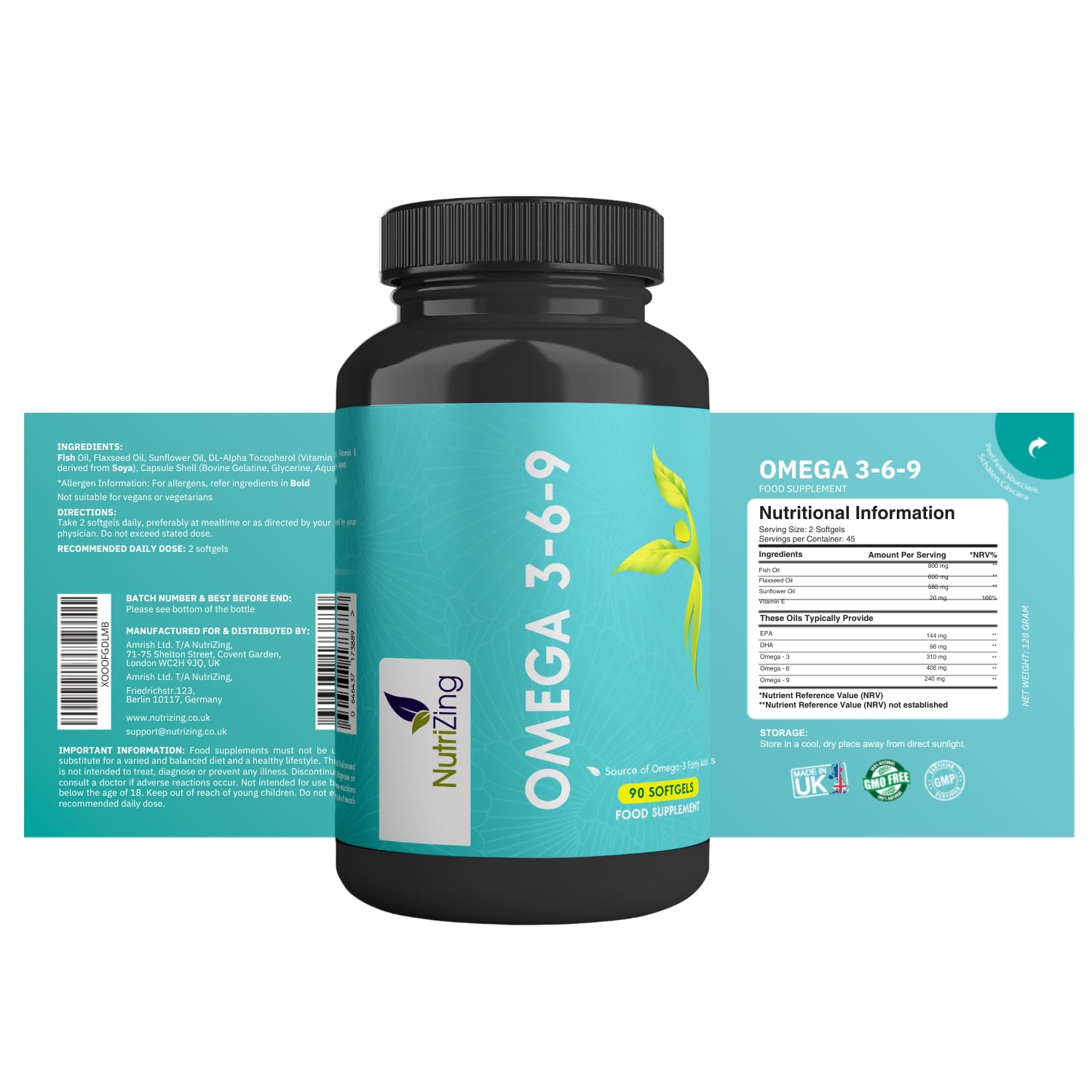 Oméga 369 Huile de poisson triple concentration + huile de lin et huile de tournesol - EPA & DHA - Haute concentration 1000 mg par NutriZing - Acides gras essentiels puissants