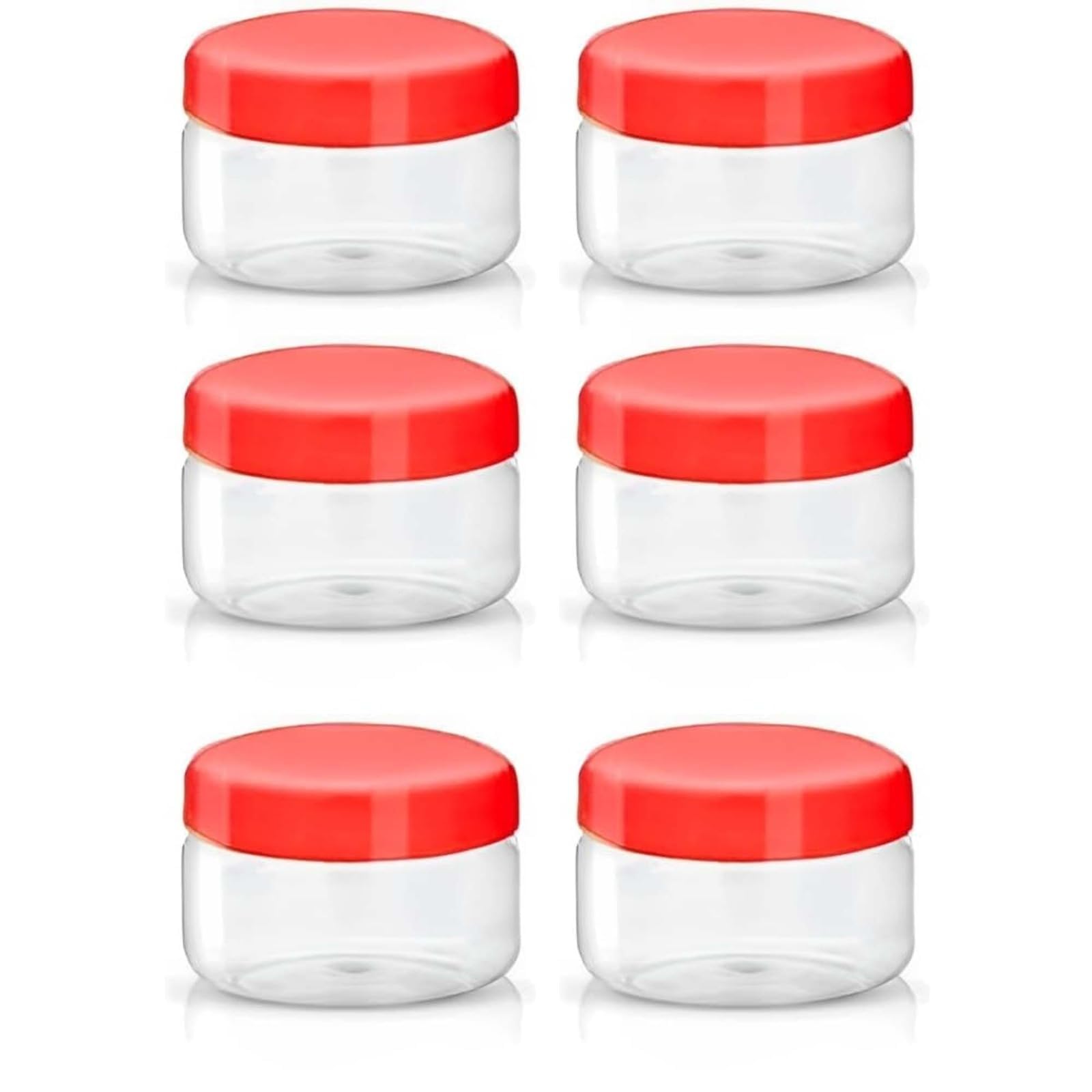Neel Saanjh Clear Plastic Storage Jars with Red Screw Top Lids, Airtight Reusable Food Containers for Pantry, Snacks, Spices, Crafts & Kitchen Organisation (50ml, 6 Pcs)