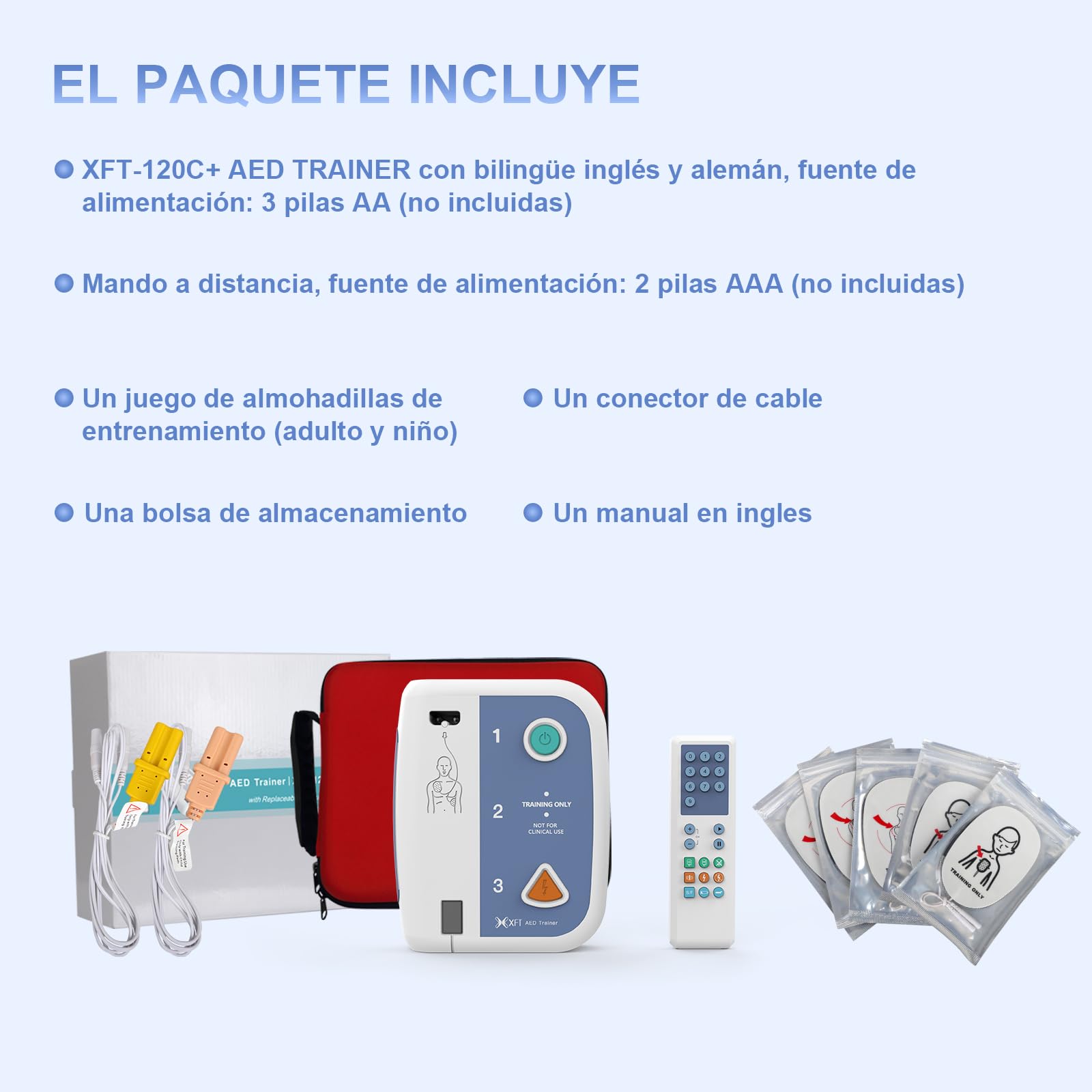 AED Trainer Portátil, Desfibrilador de Entrenamiento, DEA Trainer para Curso de SVB y DEA, Bilingüe Español & Inglés, Desfibrilador Formacion con Control Remoto, 10 Escenarios (XFT-120C+)