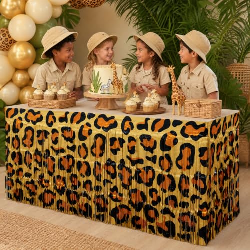 Image of Bupelo Cheetah Print Birthday Table Decorations, 2 Pcs Leopard Table Skirts | Tinsel Metallic, Leopard Birthday Decorations, Cheetah Print Party Decorations for Bachelorette Jungle Animal Party Supplies