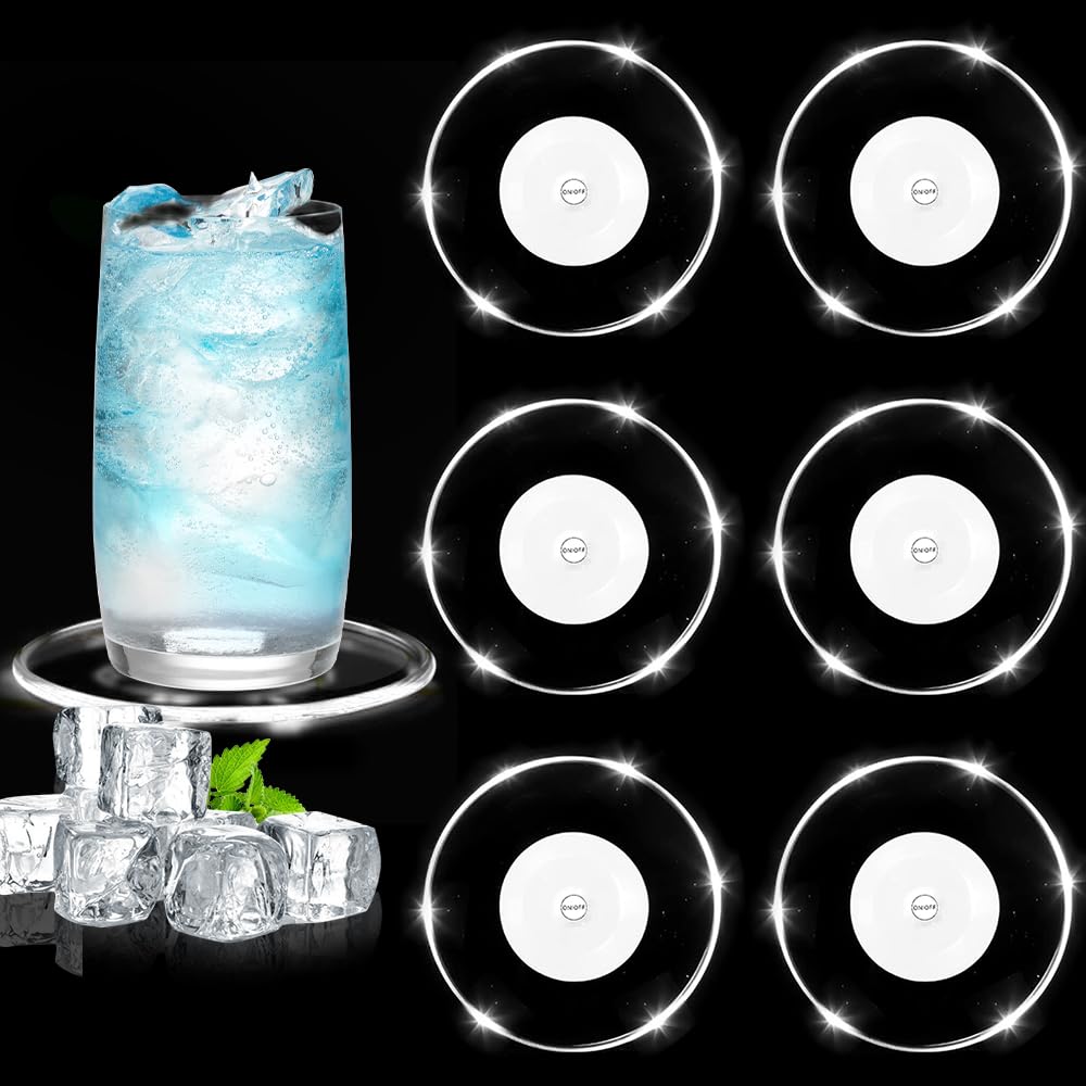 MEDOYOH Set van 6 kleurrijke led-onderzetters voor dranken, aan/uit, waterdicht, rond, acryl, voor glazen, flessen, feesten, bruiloften, bar, Kerstmis, pub
