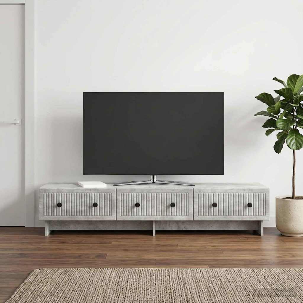 Szafka pod telewizor, betonowa, szara, 147 x 34,5 x 30 cm, materiał drewnopochodny, meble telewizyjne, konsola telewizyjna z 3 szufladami, zarządzanie kablami, miejsce do przechowywania