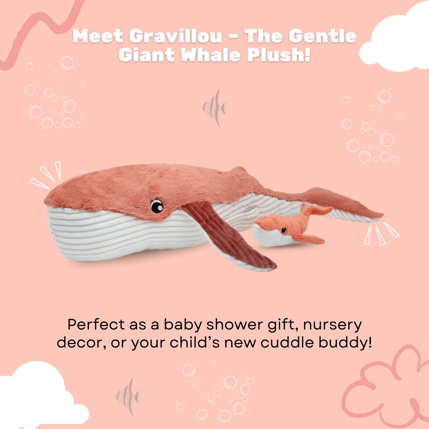 Les Déglingos PTIPOTOS by Gravillou La BALEINE – Peluche mamma e il suo bambino, idea regalo per la nascita, 75 cm