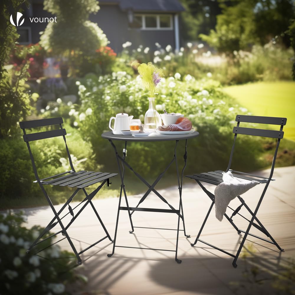 VOUNOT® Set da Giardino Pieghevole da 3 Pezzi, Tavolo Bistrot con 2 Sedie, Acciaio, Grigio