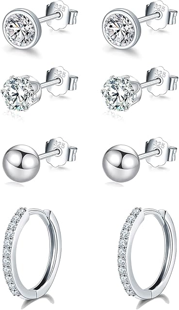 wynn's Sterling Silver Stud Earrings for Women, Silver Stud Earrings & Silver Hoop Earrings Set, Small Cartilage Sleepers Studs Hoops Earrings with Cubic Zirconia, Silver Earrings (4mm*3 + 12mm*1)