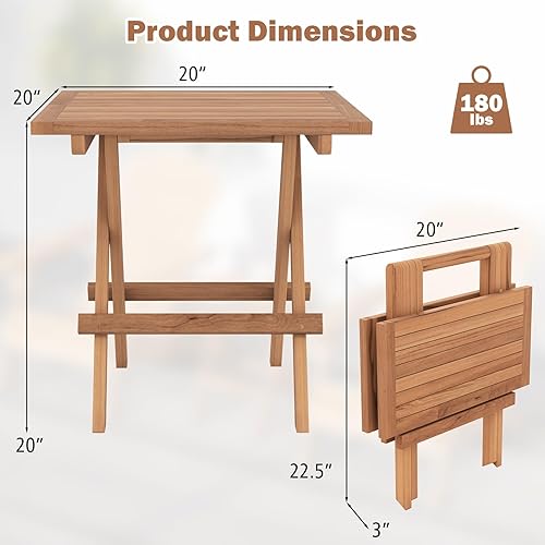 Miniatura 3 de Tangkula Mesa auxiliar plegable para patio, mesa auxiliar cuadrada de madera de teca con mesa de listones, marco de madera resistente en forma de X,