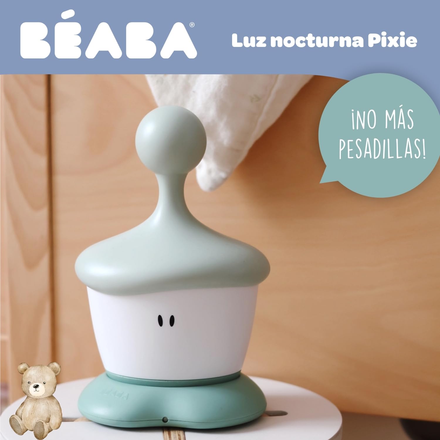 BÉABA, Luz Nocturna Infantil Pixie Stick 2 en 1, Transportable, Sensor de Llanto, LED, Recargable, Luz Cálida, 2 Intensidades de Iluminación, Apagado Automático, Temporizador, Larga Autonoma, Verde