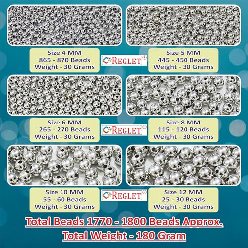 Image of 1800 Pcs Silver Beads - 4, 5, 6, 8, 10, 12 mm - Pearls for Craft, Embroidery DIY, Beads for Bracelets Making Kit, Beading, Jewellery Making Kit, Beadwork Projects, Crafting Ideas - 180g
