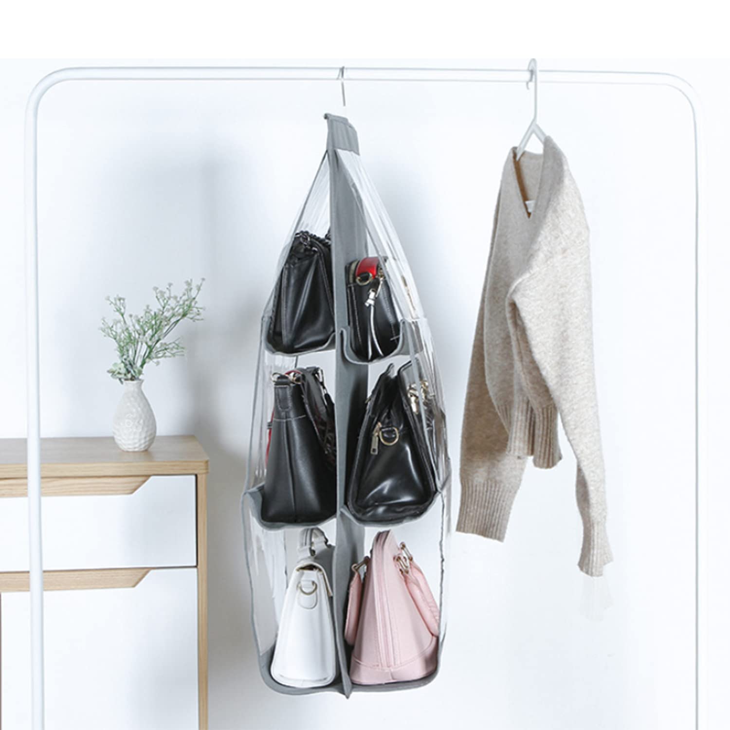 Borsa Organizzatore Armadio,3 Pezzi con 6 Tasche Grigio Non Tessuto Il Salvaspazio Pensile Porta Borse da Appendere Pieghevole per Camera da Letto