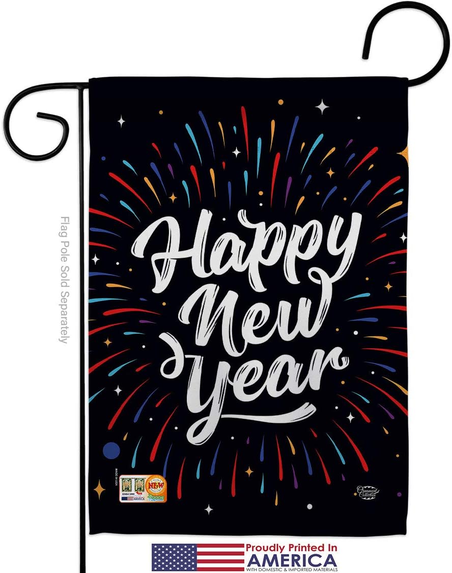Happy New Year Garden Flag Set Wall Holder Clock Countdown Champagne Party Fireworks Celebrate Small Decorative Gift Yard House Banner Made In USA 13 X 18.5