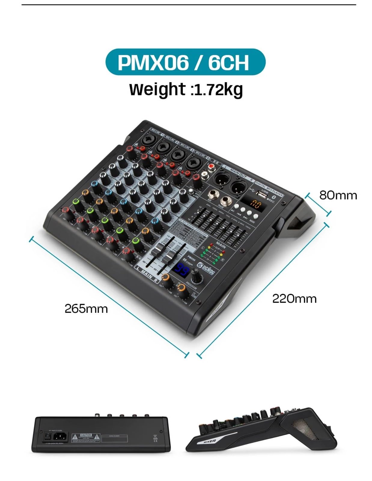 Kontrolery DJ-skie, Mikser 99 DSP Cyfrowe wejście MP3 Zasilanie Phantom 48 V 7-stopniowy korektor Nagrywanie podcastów przez Bluetooth(6 CHANNEL)