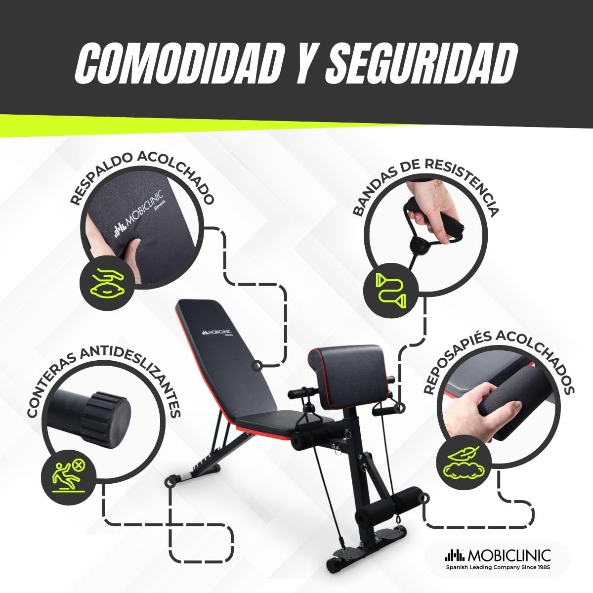 Mobiclinic®, Banco de Musculación, Con Cintas de Resistencia, Plegable, Con Ruedas, Multifunción, Press de Banca, Ajustable, Declinable e Inclinable, Hasta 120KG, Planefit, Gimnasio en casa