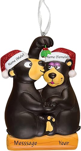 Miniatura 2 de Adorno personalizado de oso negro para pareja, besándose bajo el muérdago, árbol de Navidad, boda, familia, decoración personalizada con purpurina