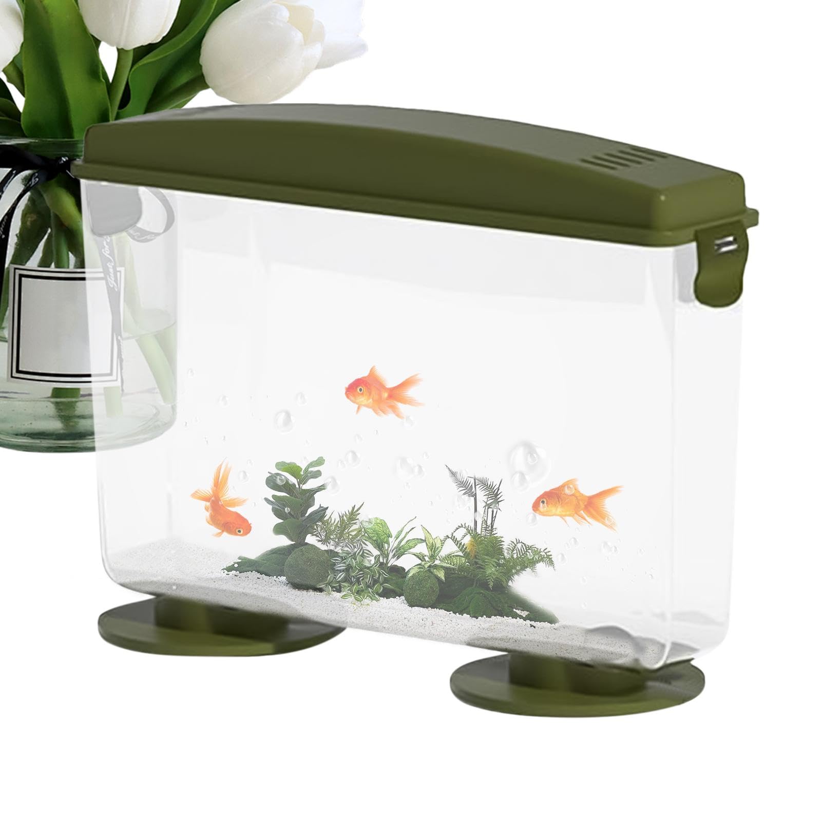Tiny Goldfish Tank – Acuario rectangular de 360 grados – pecera pequeña compacta para peces dorados, fácil instalación y mantenimiento
