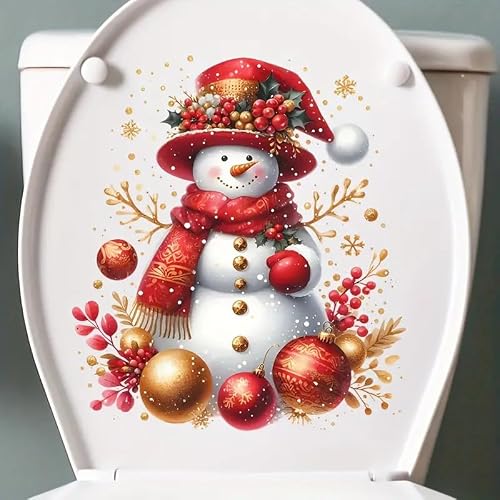 Yqtwlkjic Color Merry Christmas Snowman Bell Ball Leaf Toilet Cover Sticker Decals,Christmas Ball Flower Ocean Waterproof Toilet Lid Tank Seat Decals Cistern Self-Adhesive Bathroom Wall Sticker