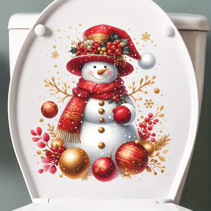 Merry Christmas Snowman Bell Ball Leaf Toilet Cover Sticker Decals,Christmas Ball Flower Ocean Waterproof Toilet Lid Tank Seat Decals Cistern Self-Adhesive Bathroom Wall Sticker