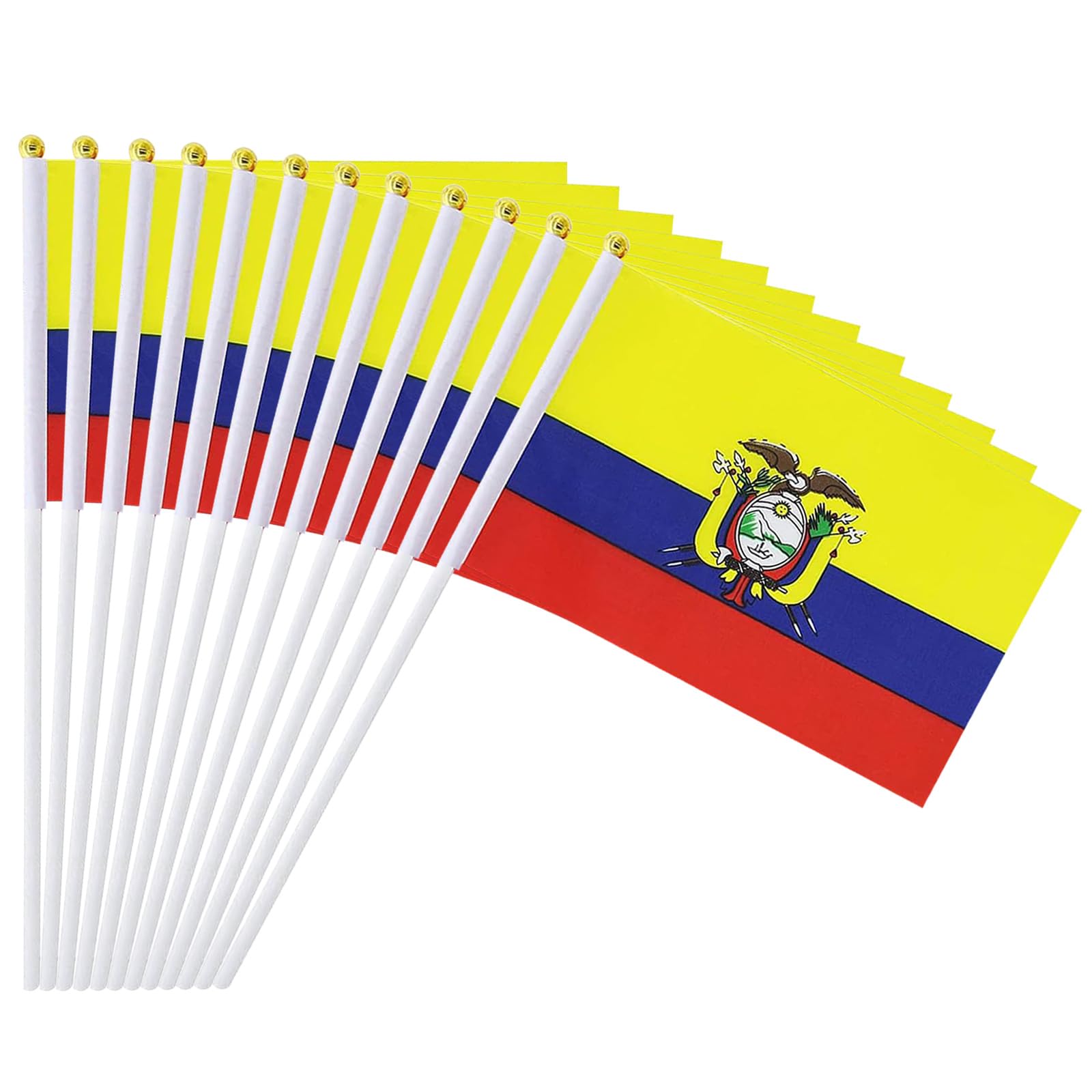12 Pack Ecuadorian Flags on Stick, 5.5 x 8.2 Inch Small Ecuador Handheld Flags for Parade Handouts, Cultural Events, National Day, School Activities and Celebrations — image 1