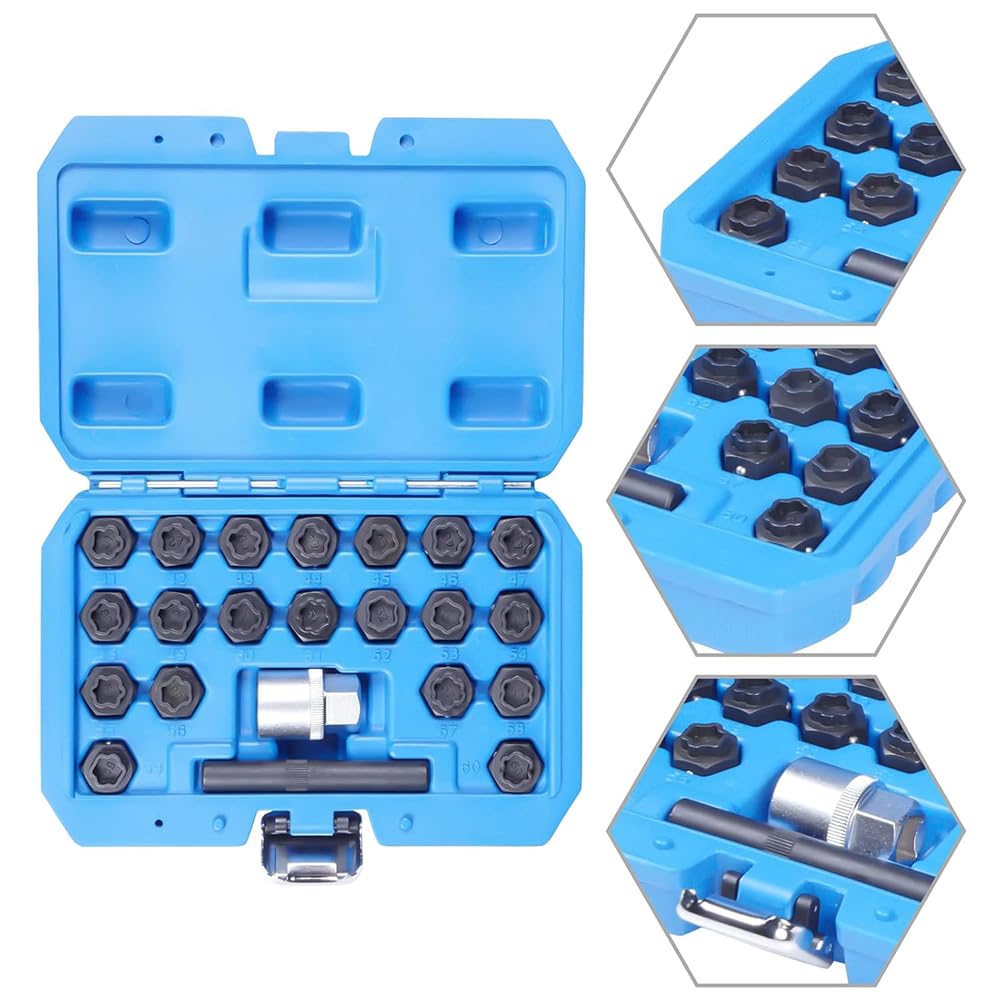 22 PCS Clé De Blocage De Roue, Roue Antivol Vis De Blocage D'écrou De Roue Set De Démontage avec Poinçon Et Adaptateur De Douille De Conducteur 1/2 Pouce Black,1