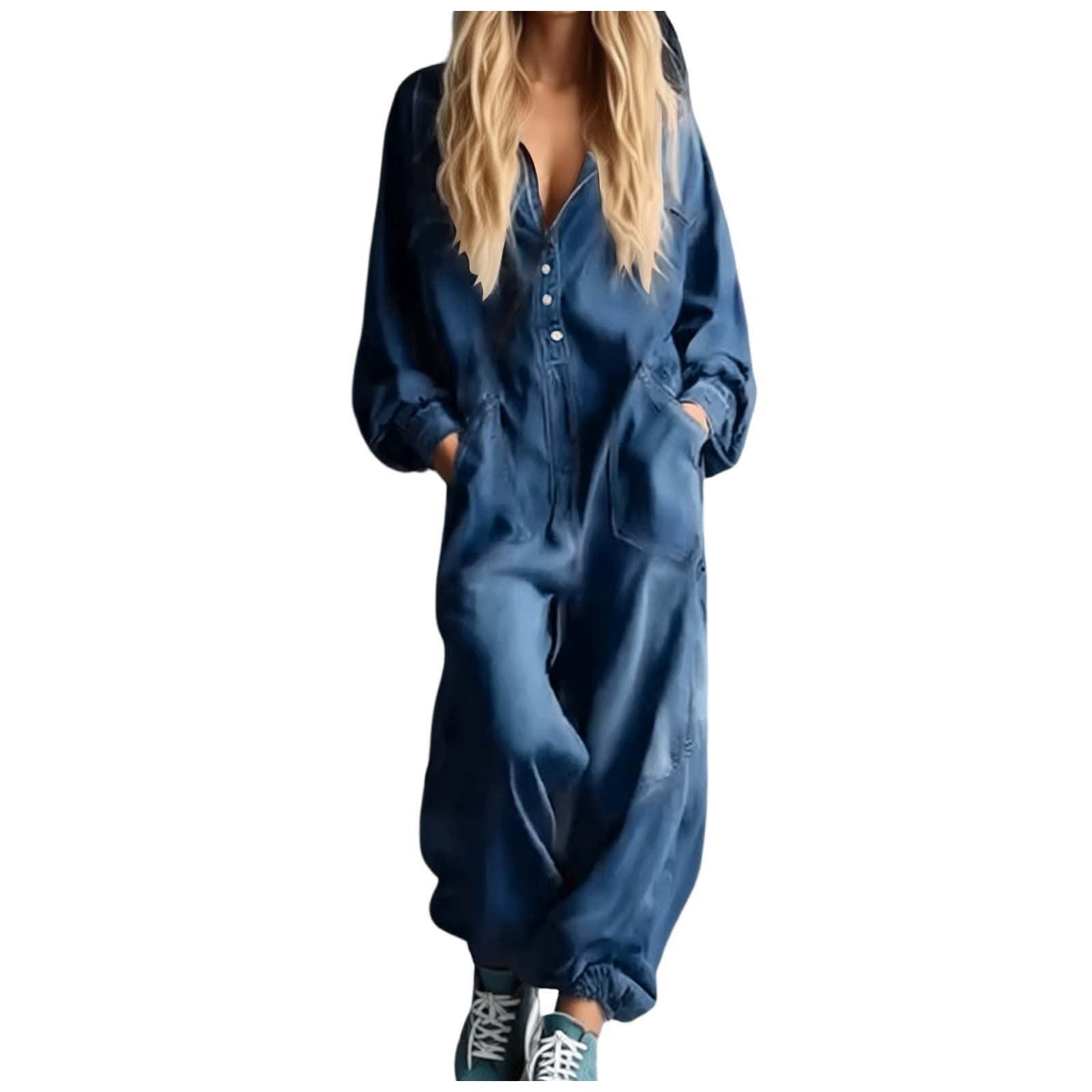 Combinaison en jean pour femme à manches longues - Décontractée - Coupe ample - Jambe large avec boutons et poches - Couleur unie - Pour les vacances, les loisirs, la vie quotidienne DéContracté