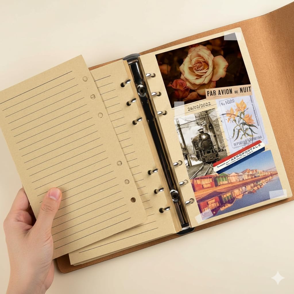 ASTMI Vintage Refillable Leather Diary A6 with 6 Ring Binder, Card