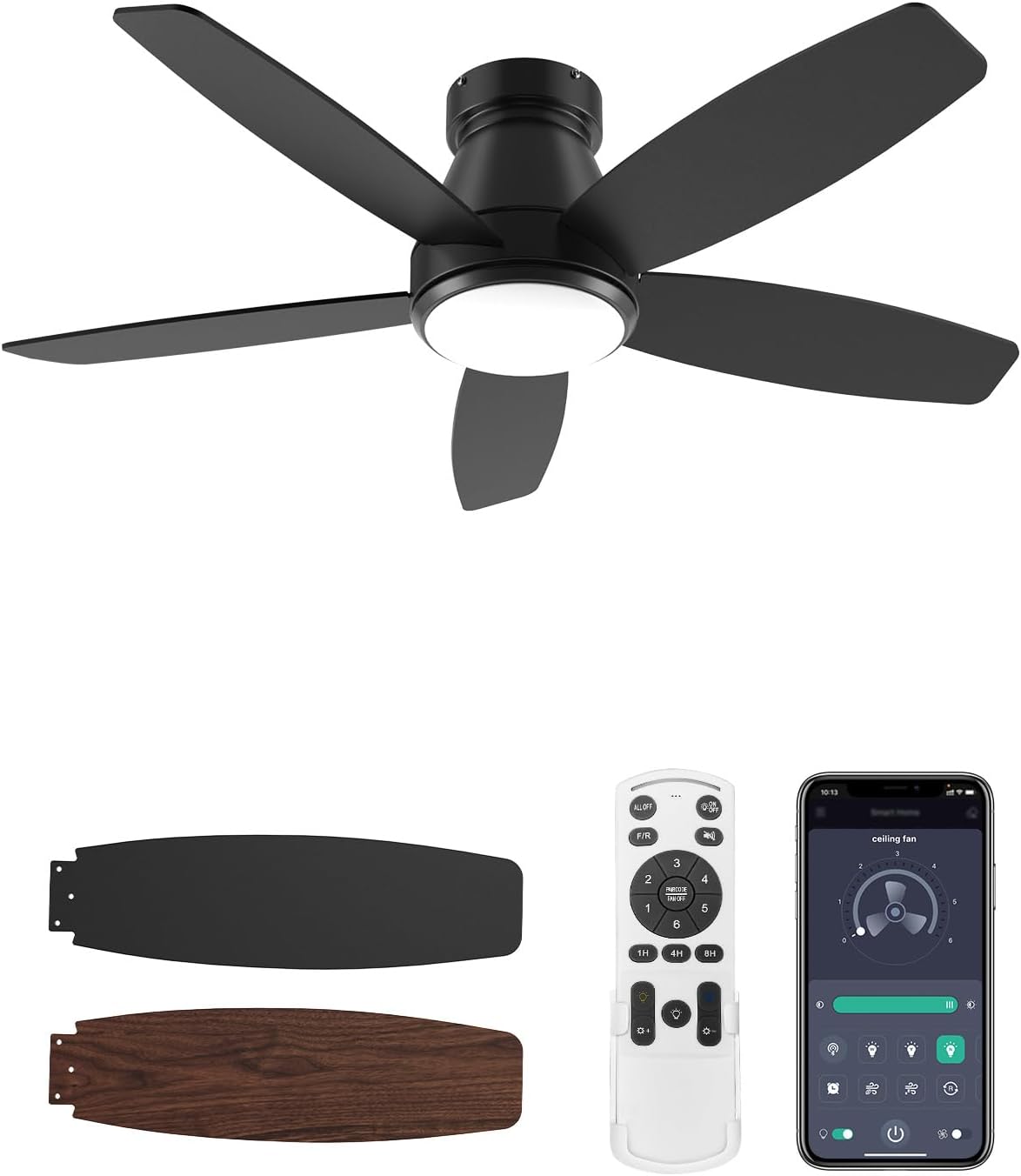 Ceiling Fans with Lights and Remote Control?42 Inch Flush Mount Ceiling Fan with Dimmable Light?Noiseless?Low Profile Ceiling Fan with Light for Living Room, Bedroom and Outdoor Use?Black?