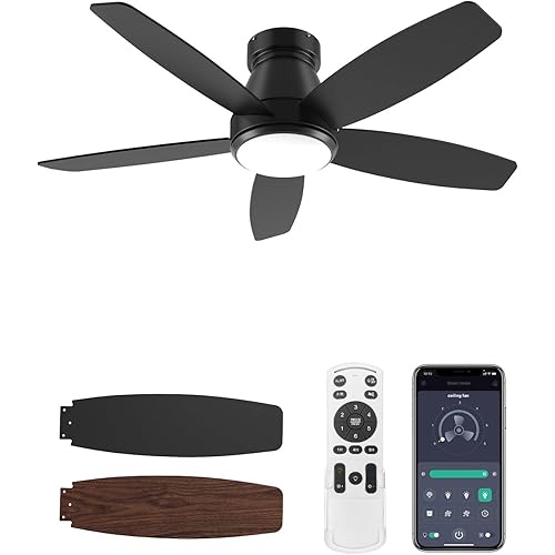 Ceiling Fans with Lights and Remote Control，42 Inch Flush Mount Ceiling Fan with Dimmable Light，Noiseless，Low Profile Ceiling Fan with Light for Living Room, Bedroom and Outdoor Use（Black）
