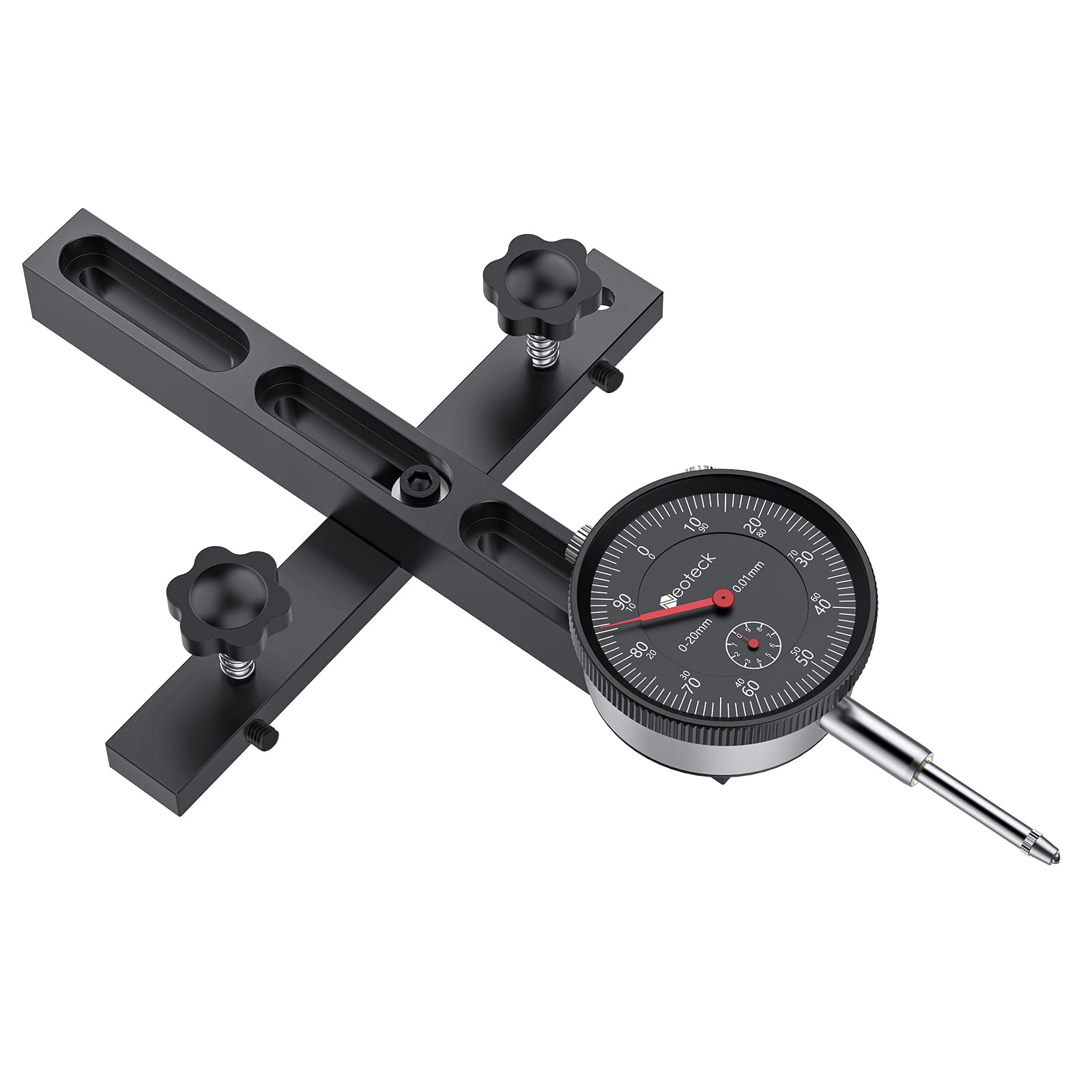Neoteck 0-20mm Comparateur Mécanique pour Scie à Table Résolution 0.01mm avec Barre en Aluminium Anodisé Fixation à Trois Glissières Indicateur à Cadran Mécanique pour Scies Circulaires à Table-Noir