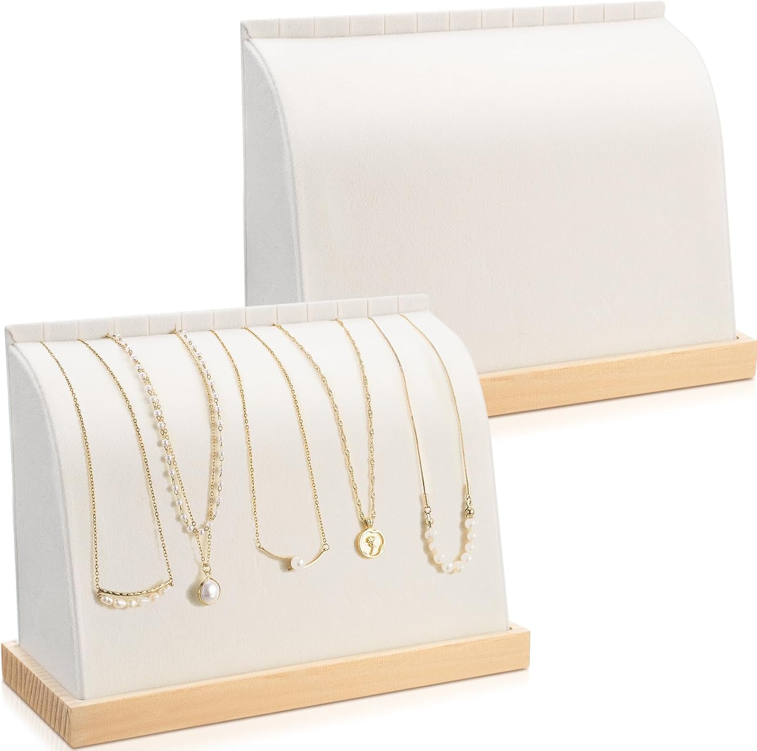 RattanView 2 Pieces Cambered Wooden Necklace Display Stand with Soft Mat Necklace Holder Jewelry Display for Vendors Home Boutique Countertop Pendant Chain Chokers Organizer Pendant(White,PU Leather)