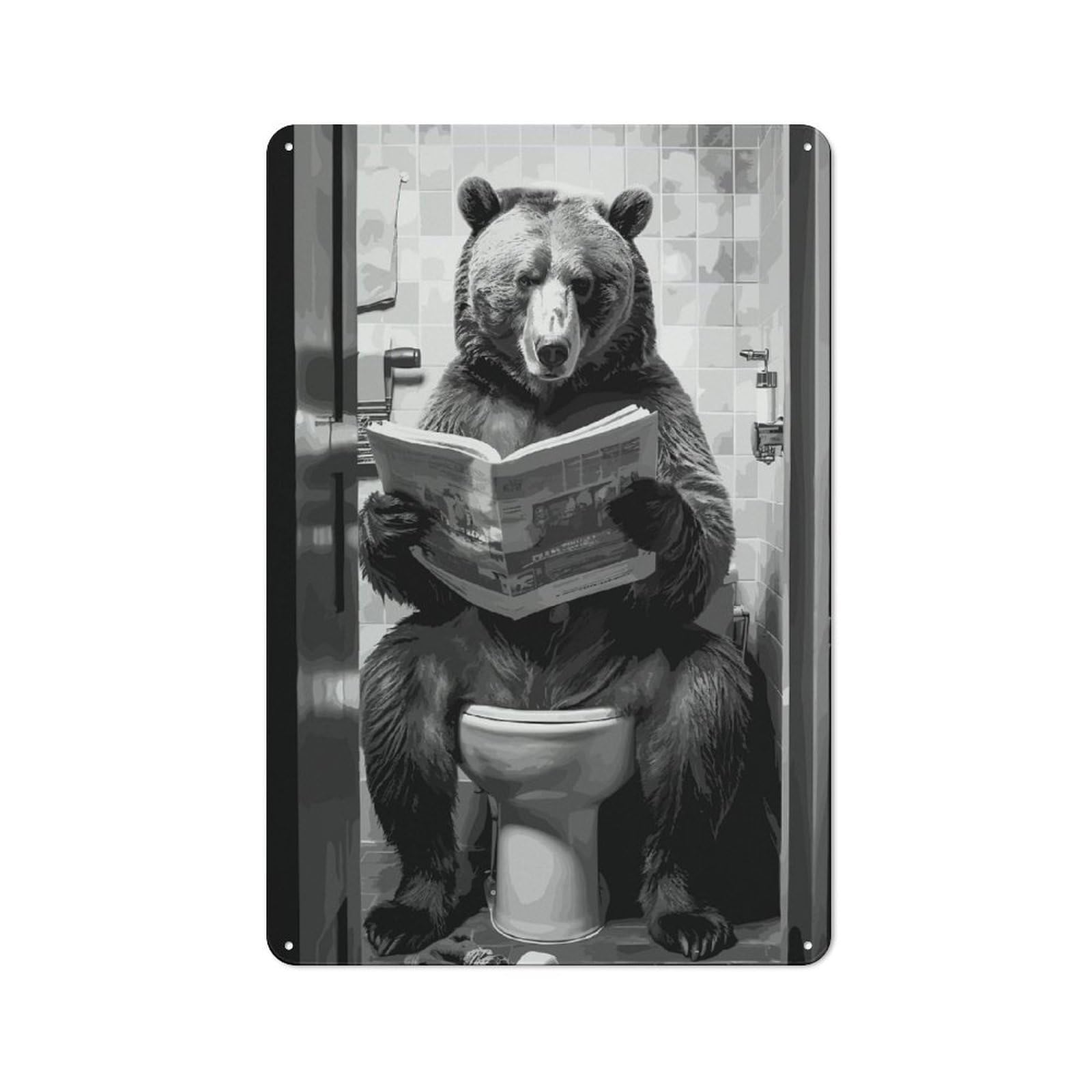 Junmoney Bear Toilet Funny Bathroom Rustic Metal Sign 30X20cm For Living Room Wall, With Clear Rustic Wall Decor Character