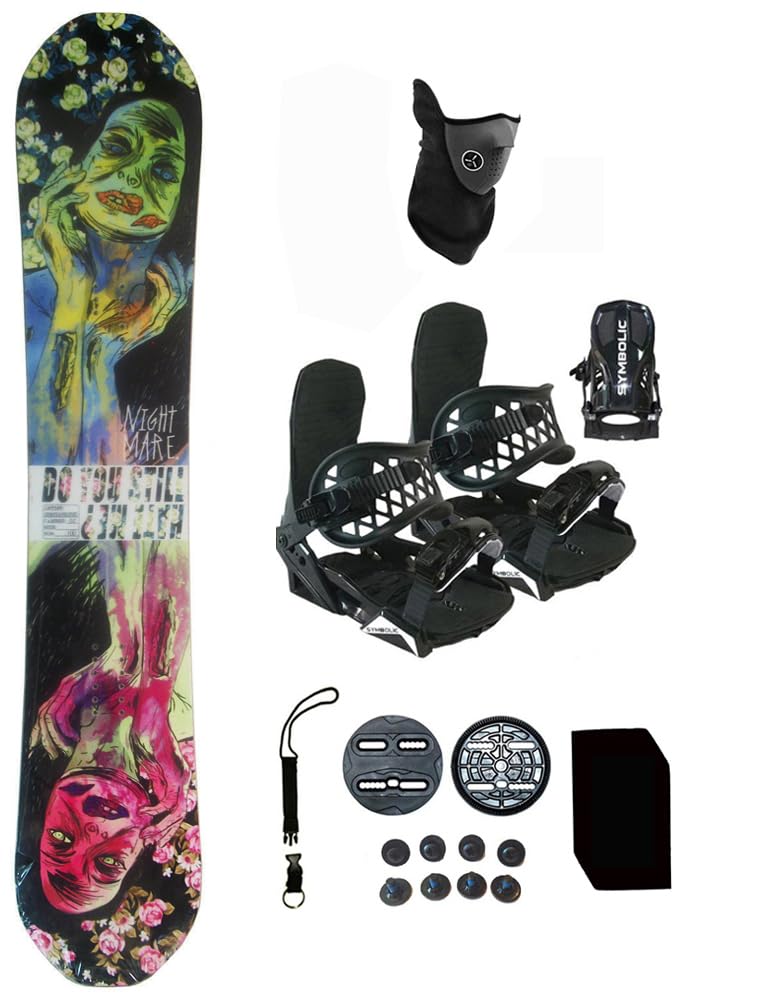 Symbolic Nightmare Snowboard and Black Bindings Package Leash, Stomp, Mask Mens Womens (153-FlatRoc+SM Binding(Men 5-8.5) rnin256)