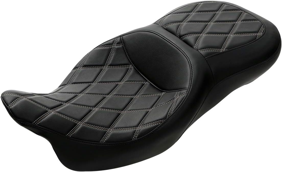 C.C. RIDER Driver Leather Passenger Seat - Fat Diamond 2-Up Gel Touring Seat Fit for Harley Touring Road King Street Glide Road Glide Electra Glide 2009-2023, Gray Brown Lattice