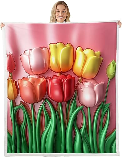 Miniatura 9 de Pink Floral Flannel Blanket,3D Vivid Flower Throw Blanket,Splicing Geometric Girds Fuzzy Blanket for Sofa Bed Living Room Decor,Girls Women Romantic