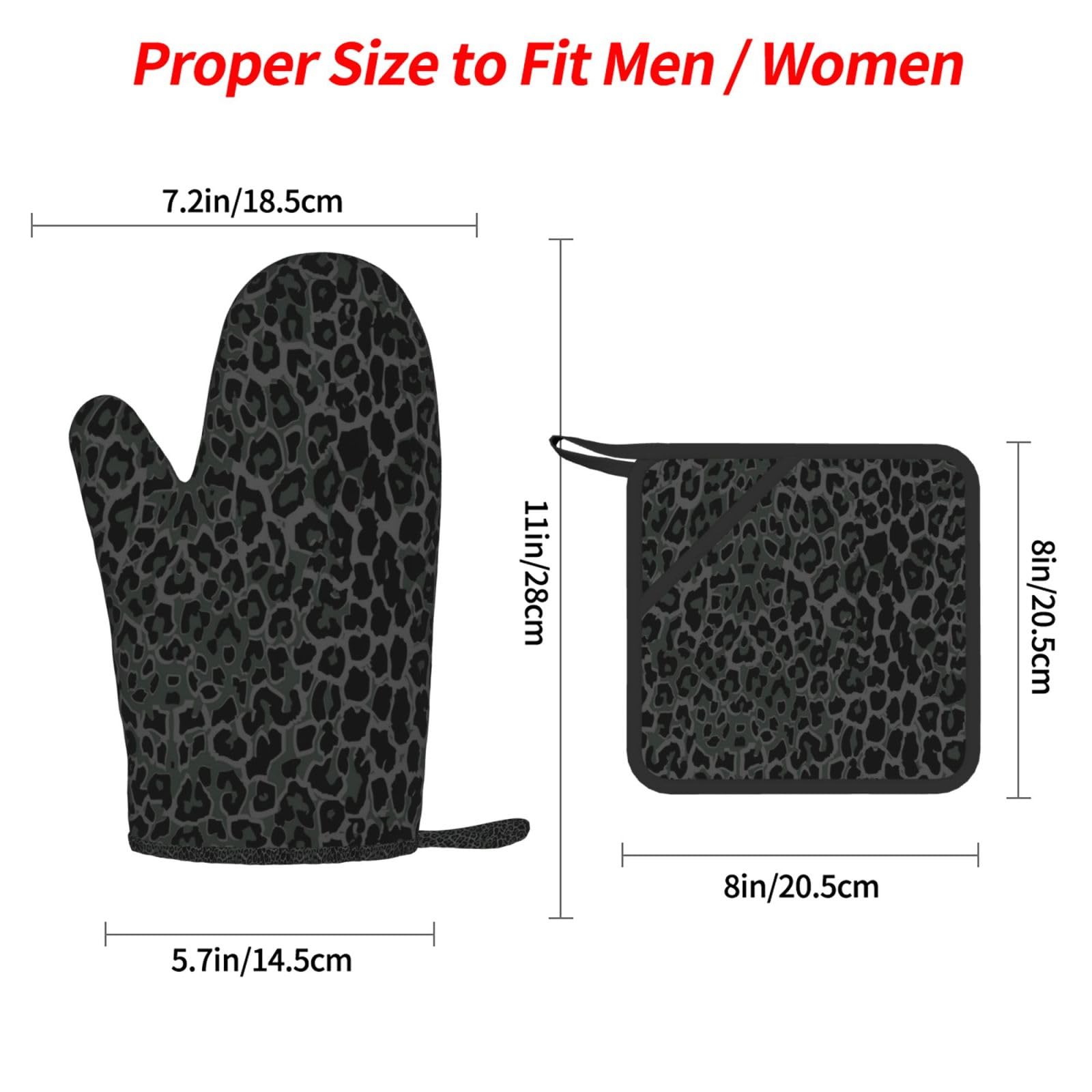 Juego de Cuatro Piezas de Guantes y Manoplas Resistentes al Calor para Hornear, Guantes de Cocina Antideslizantes, Manoplas para Horno, Estampado de Leopardo Negro sin Costuras.